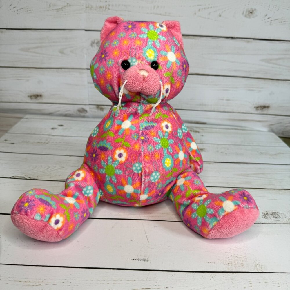Ganz Pink Floral Plush Cat 10" Stuffed Animal with Blue Green Yellow‎ Flowers